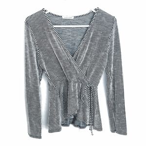 CAUTION TO THE WIND Seersucker Ribbed Long Sleeve Faux Wrap Frilled Hem Blouse